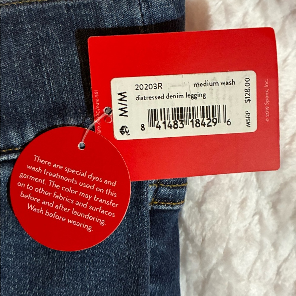 NWT SPANX Medium Wash Blue Stretch Denim Jeggings Leggings Distressed M 8/10 - Picture 4 of 9